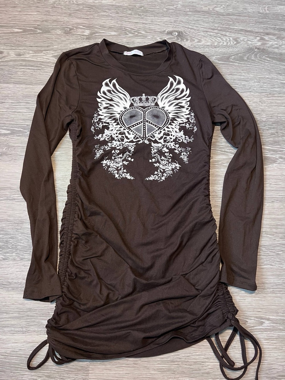 ROMWE Brown Long Sleeve Winged Peace Heart Graphic Ruched Dress